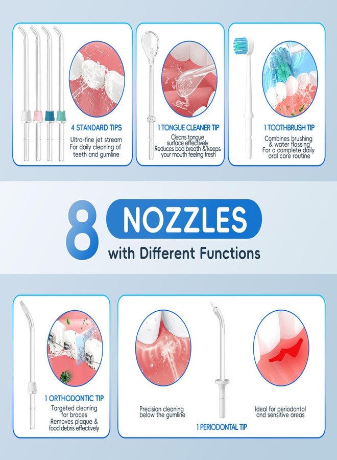 Mornwell Water Dental Flosser for Teeth, 2 Modes and 10 Adjustable Pressure Oral Irrigator for Braces, 8 Multi-Functional Tips for Family, Multiple Users, Home Use, White - Image 5